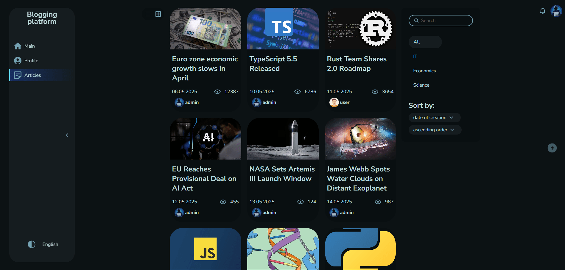 Blogging platform — homepage screenshot