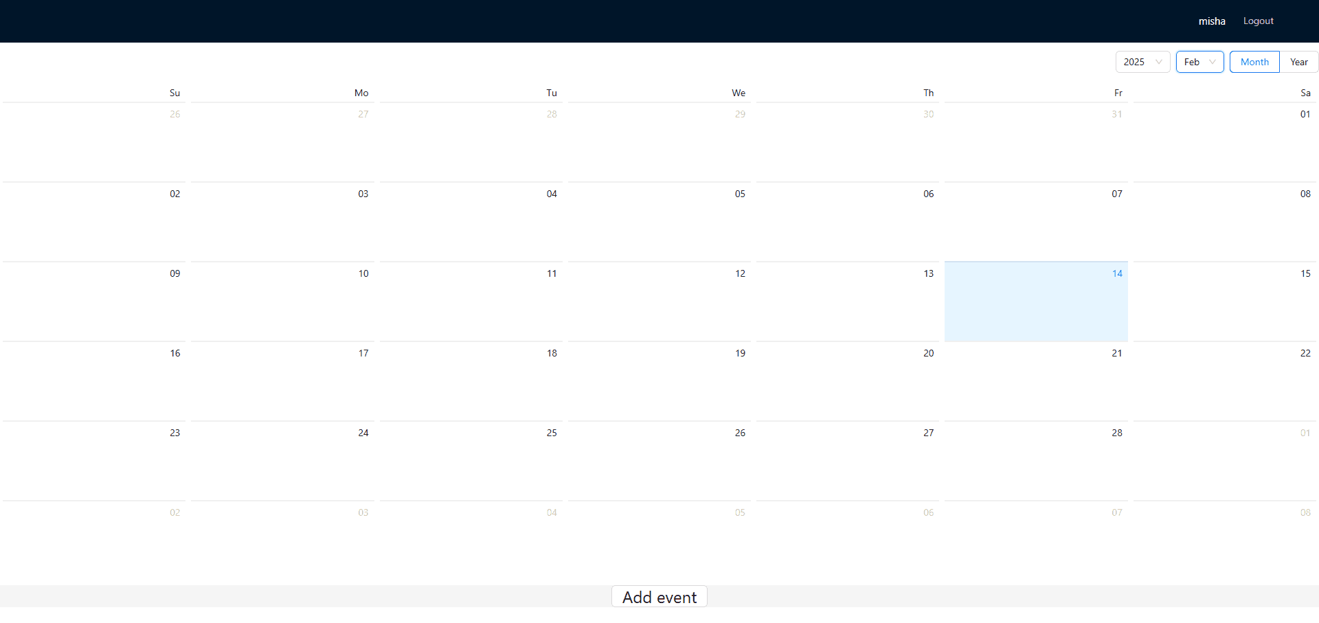 Calendar app — month grid with events