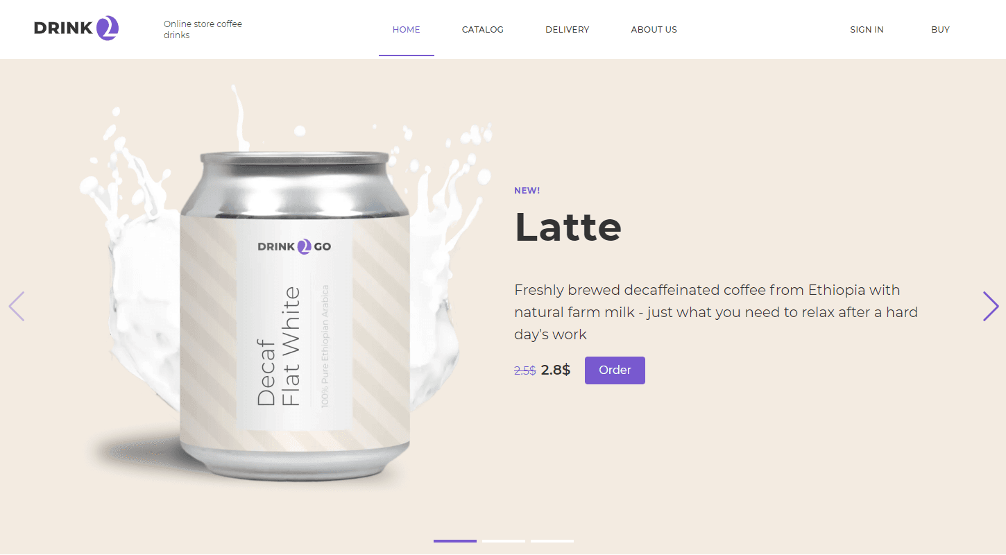 Coffee drinks landing page — hero section