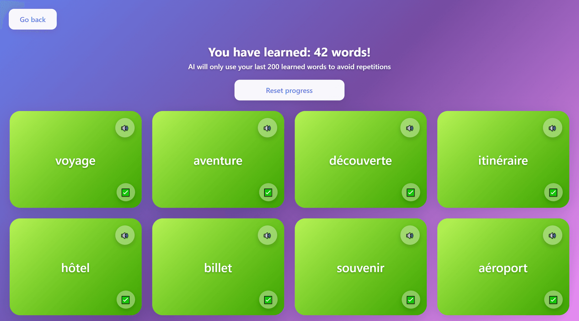 French Cards Generator — learned words screenshot